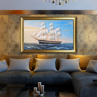 一帆风顺油画欧式纯手绘海景帆船装饰画有框横版玄关挂画客厅卧室