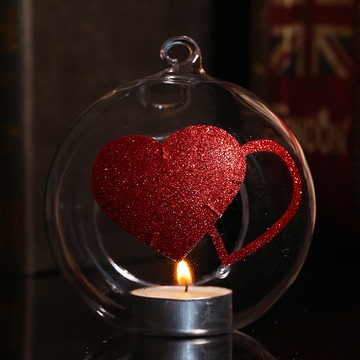 玻璃房 10CM红色双爱心透明水晶玻璃球型烛台 烛光晚餐居家