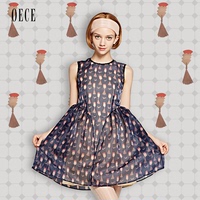 OECE 2015夏装新款女装 复古欧根纱拼蕾丝圆领无袖连衣裙152FS106