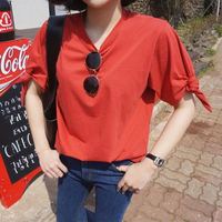 【Miss fox】韩国夏季泡袖系带蝴蝶结红色宽松圆领短款T恤