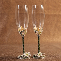欧式珐琅彩高脚杯红酒杯水晶玻璃杯子套装创意结婚礼物百合香槟杯