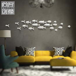 包邮陶瓷创意壁饰巴浪鱼3D立体墙饰简约现代家居客厅墙贴软装摆件