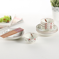 雅泰12头手绘釉下彩餐具套装猫猪 日式韩式创意可爱碗筷碗盘碗碟
