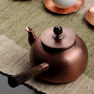 凌烟阁功夫茶具 日式手工黑檀木侧把急须紫铜茶铫铜壶 烧水煮茶壶