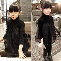 冬装2015韩版三周半女童加绒加厚羊毛针织衫拼接网纱连衣裙子黑色