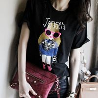 2016韩国东大门代购时尚钉珠小女孩卡通印花纯棉圆领短袖T恤8688