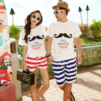 个性小胡子结婚旅游夏装短袖2015新款韩版情侣装T恤条纹短裤套装