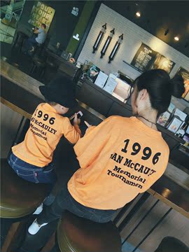 2016原创韩版亲子装秋装一家三口橘色字母纯棉长袖t恤母子母女装