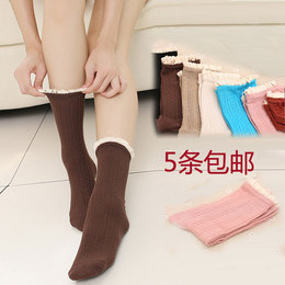 秋冬季新款韩版竹纤维素色花边吸汗女式中筒子袜子素色提花成人袜