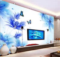 3D立体简约墙纸壁画梦幻蓝色百合蝴蝶客厅电视背景墙纸墙布影视墙