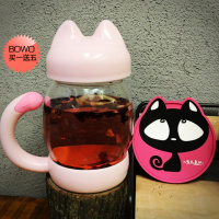 BOWO小猫咪杯子单层玻璃杯水杯女花茶杯过滤带盖便携创意可爱定制