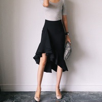 2016秋季新款韩版黑色高腰包臀裙一步裙不规则荷叶边鱼尾裙半身裙