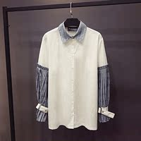 2017春季新品 个性拼接小翻领褶皱袖格子修身单排扣白色女衬衫