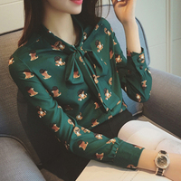 2016新款韩版OL风尚蝴蝶结系带领动物印花打底衬衫
