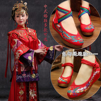 中式婚鞋新娘鞋老北京布鞋绣花鞋民族风女鞋坡跟秀禾鞋高跟新娘鞋
