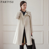 韩国代购Patysu2016春秋新款双排扣风衣女中长款纯色系带收腰外套
