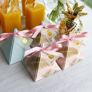 极简欧式喜糖盒三角菠萝叶子结婚节庆用品婚礼烫金糖果盒子