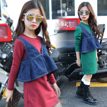 2016韩版童装女童秋季新款超洋气长T裙+牛仔马甲2件套套装4-5岁