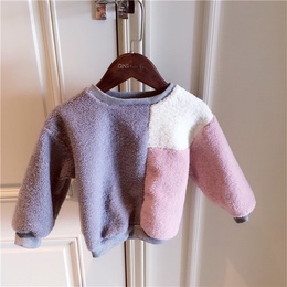 独家定制 韩国童装 拼色撞色粉色羊羔毛卫衣中小童