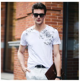 卡爵船2016品牌男装 V领男式短袖T恤衫青年男士印花韩版修身男t恤