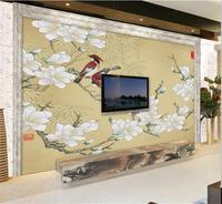 中式壁画工笔画玉兰花鸟图客厅电视背景墙纸卧室沙发墙布无缝壁纸