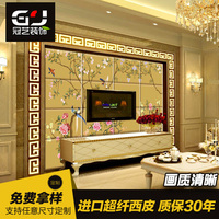 中式电视墙硬包电视背景墙卧室软包床头客厅沙发花鸟艺术皮革定制
