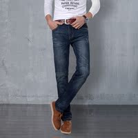 新品冬季牛仔裤男小脚修身型深蓝色潮流时尚长裤青年厚款直筒裤子