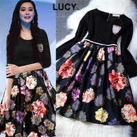 Lucy2016春季女连衣裙春秋装新款中长款韩版修身显瘦花色针织裙子