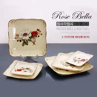韩国进口Rose Bella餐具陶瓷金边正方盘浅盘平盘玫瑰蓓蕾四角盘子