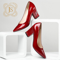 JS高端定制红色漆皮尖头浅口高跟鞋女粗跟婚鞋女高跟宴会性感单鞋