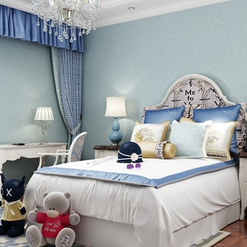 纯色素色地中海蓝色电视背景蚕丝墙壁纸现代简约欧式卧室房间温馨