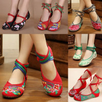 老北京女布鞋 女鞋夏季坡跟民族风绣花鞋 红色婚鞋跳舞鞋妈妈鞋单