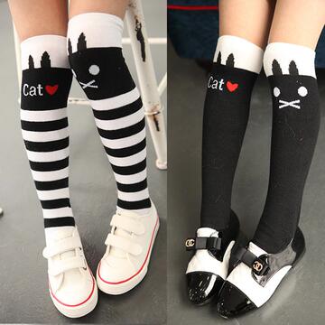 女童袜子2017春夏装新款 韩版猫咪Cat儿童连脚袜学生袜中筒袜子