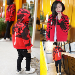2016冬装新款一家三口亲子装红色外套加绒加厚红迷彩连帽棉袄韩版