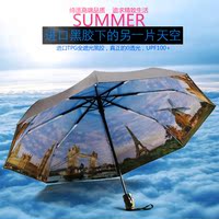 日本创意印花女遮阳伞防晒防紫外线黑胶全自动开收折叠三折太阳伞