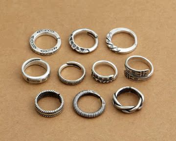S925纯银饰品泰国曼谷手工银戒指个性麻绳女士复古泰银做旧银指环