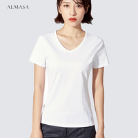 Almasa纯棉短袖t恤女白色欧洲站bf风夏季修身显瘦v领打底衫上衣