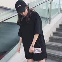 中长款短袖t恤女夏韩版宽松2017新款字母贴片印花百搭bf学生上衣