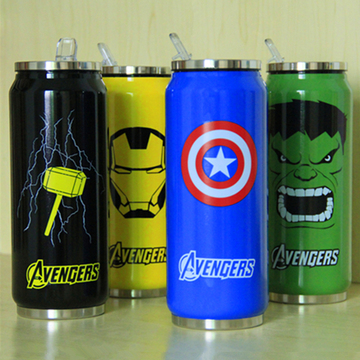 绿巨人钢铁侠雷神美国队长男女学生动漫可乐易拉罐带吸管保温杯子