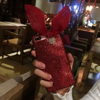 韩国兔耳朵蕾丝苹果7手机壳蝴蝶结闪粉水钻iphone6plus保护套8P女