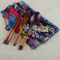 日式和风布袋便携餐具 创意儿童学生旅行木制勺筷叉子三件套装