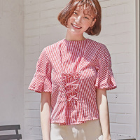 BL-2673韩国NAIN正品进口代购 绑带格子女短袖衬衫17新款夏