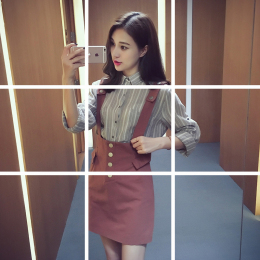 秋季新款2016韩版时尚衬衫背带连衣裙套装女宽松两件套半身短裙子
