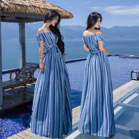蓝色条纹沙滩裙海边度假2017夏新款一字肩开叉泰国长裙连衣裙仙女