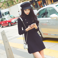 2017秋冬新款韩版大码女装时尚连衣裙长袖修身假两件A字型小黑裙