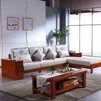 现代橡木实木布艺沙发组合客厅实木加布沙发转角贵妃 中式简约