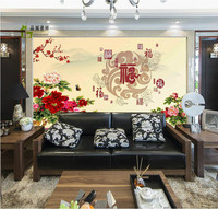 瓷砖背景墙中式客厅牡丹花开富贵电视沙发背景墙花开富贵百福图