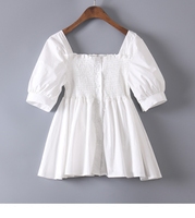 夏季短袖女棉衬衫修身压褶甜美可爱灯笼袖裙摆式小开衫娃娃衫上衣