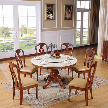 欧式大理石餐桌椅组合美式实木餐桌圆形吃饭桌古典雕花园桌带转盘