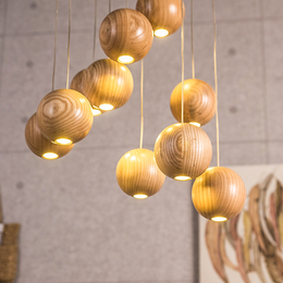 实木吊灯吧台圆球餐厅灯具东南亚创意简约北欧客厅餐桌木艺餐吊灯